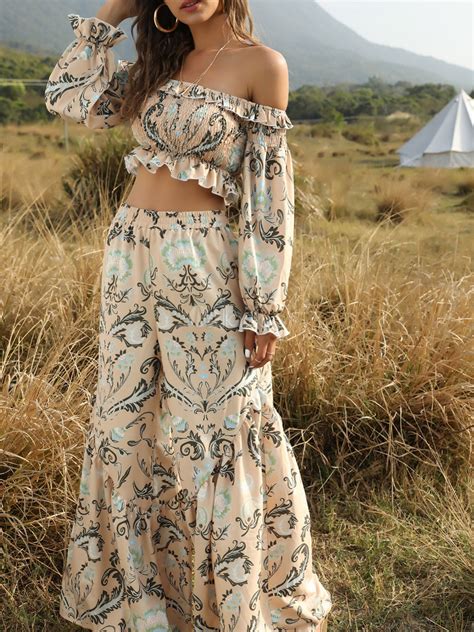 Boho Two Piece Sets Print Crop Top With Wide Leg Pants