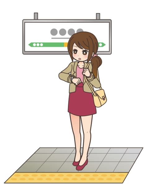 駅のホームで時間を気にしながら電車を待つ女性のイラスト 無料イラストのimt 商用ok、加工ok