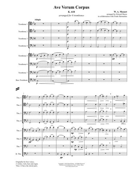 Ave Verum Corpus For Trombones Arr Hayes Ed Sheet Music Mozart