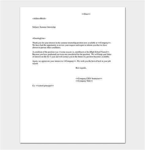 Internship Rejection Letter 8 Sample Letters Format