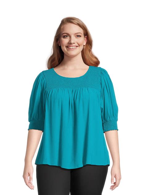 Terra And Sky Womens Plus Size Smocked Blouse With Keyhole Back Sizes