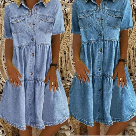 Buy Denim Dress Retro Women Short Sleeve Turn Down Collar Pockets