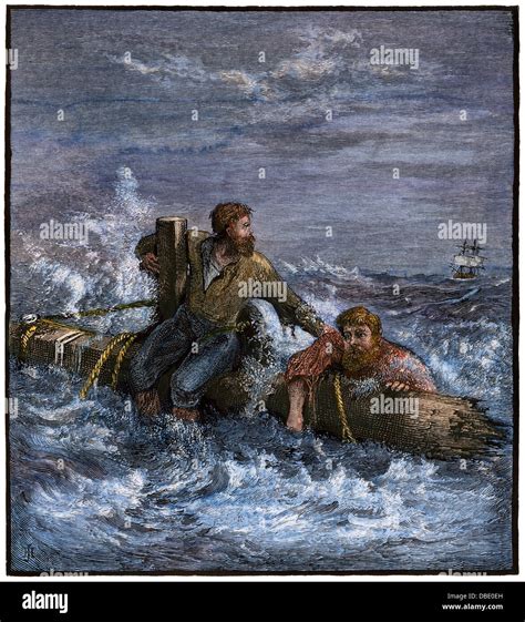 Shipwreck survivors clinging to wreckage, 1800s. Hand-colored woodcut ...