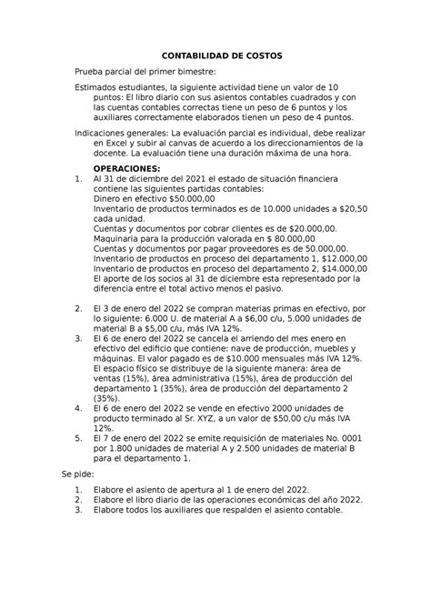 Prueba Parcial Primer Bimestre CONTABILIDAD DE COSTOS Prueba Parcial