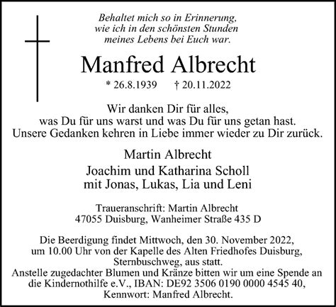 Traueranzeigen Von Manfred Albrecht Trauer In Nrw De