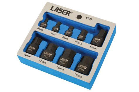 Laser Tools 6726 Low Profile Impact Hex Socket Bit Set 1 4 D 3 8 D 9pc