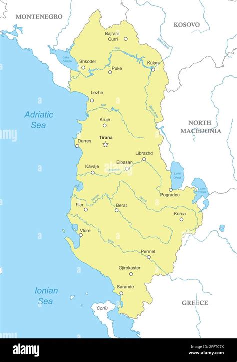 Political Map Of Albania With National Borders Cities And Rivers Stock