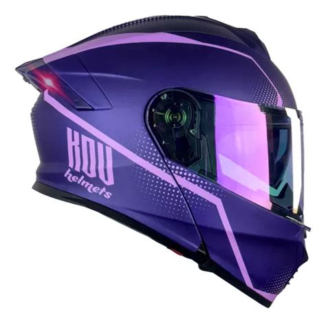 Casco Abatible Kov Moto Thunder Waves Morado Luz Led Trasera Meses