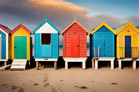 Premium Photo A Row Of Colorful Beach Huts Are Lined Up On A Beach