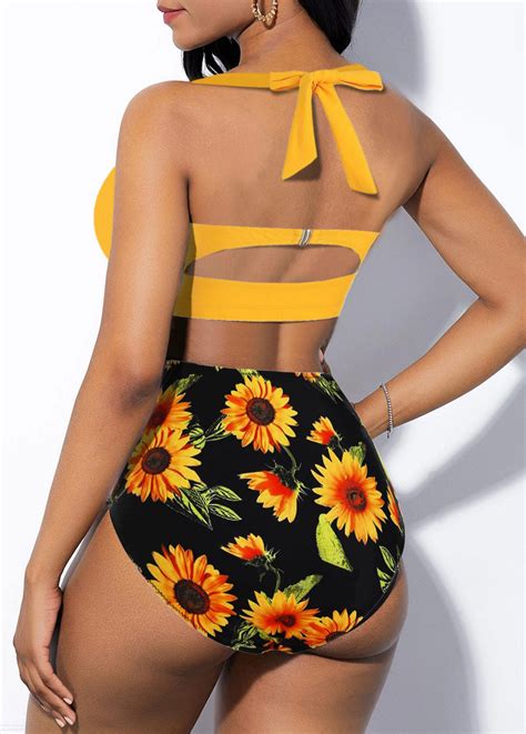 High Waist Cutout Back Halter Sunflower Print Bikini Set Rosewe