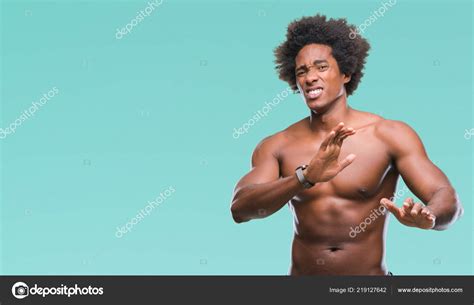 Afro American Shirtless Man Showing Nude Body Isolated Background Disgusted Stock Photo By