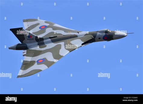 Avro Vulcan bomber aircraft in RAF camouflage displaying at Duxford ...