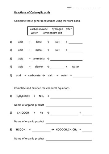 Carboxylic Acids Worksheet Chemistry A Level Teaching Resources