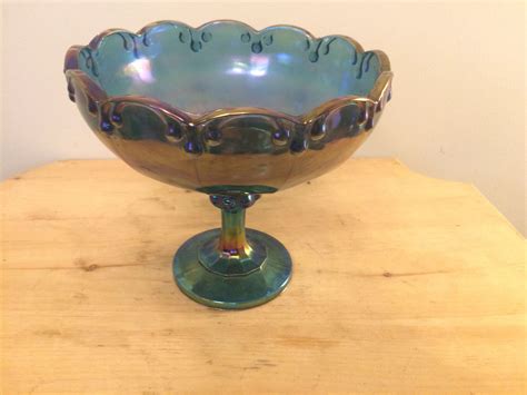 Enormous Vintage Blue Carnival Glass Fruit Pedestal Bowl Footed Compote