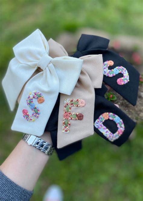 Initial Hand Embroidered Hair Bow Personalized Bow Custom Hair Etsy