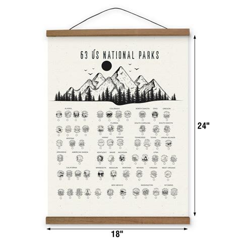 63 US National Park Hanging Canvas Checklist Wall Art Map United