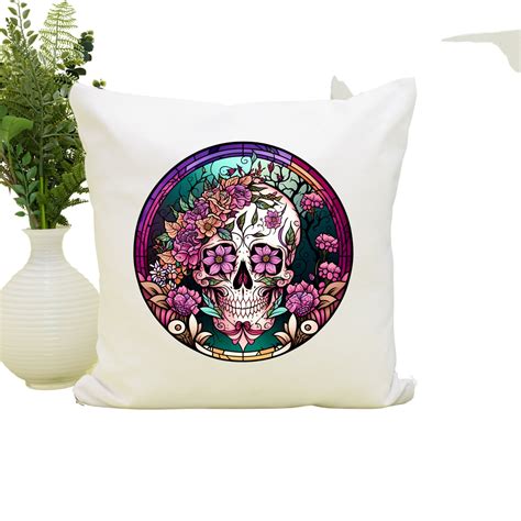 Sugar Skull Halloween Stained Glass Round Sublimation Pink Flowers Design Png Garden Wind