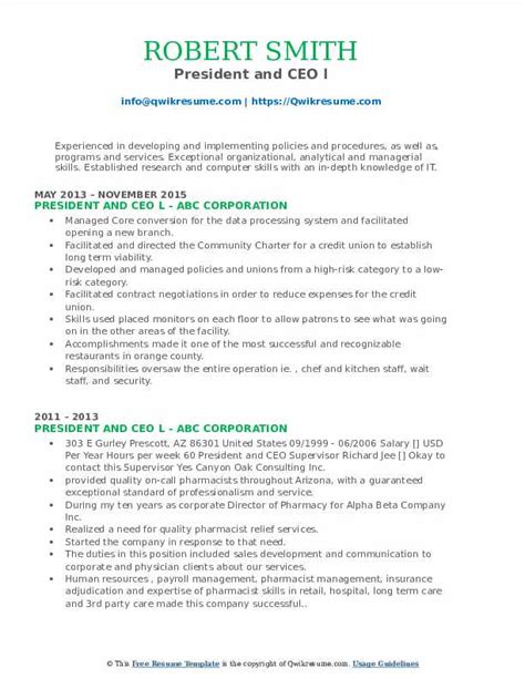 President And Ceo Resume Samples Qwikresume