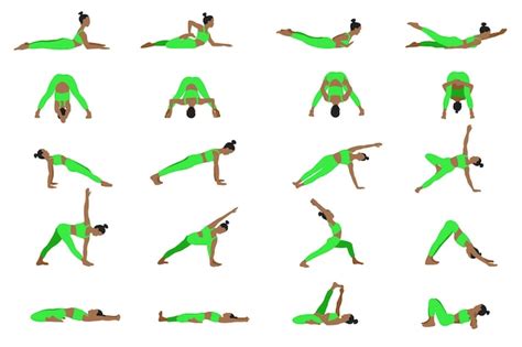 Posturas De Yoga Femeninas Afroamericanas En Estilo Plano De Dibujos