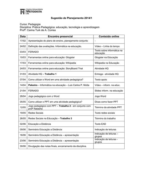 Sugestão de planejamento pedagogia PDF