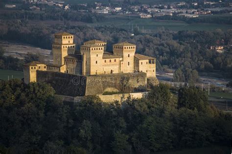 Torrechiara Castle Aerial View And Countryside Hills At Sunset Parma