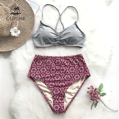 Cupshe Grey And Red Lace Up Bikini Set Women Shirring Halter Swimwear