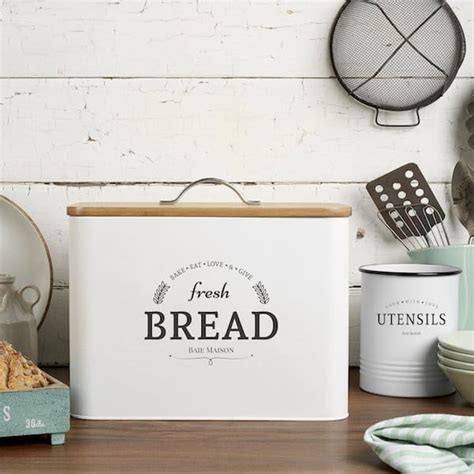 Boston Large White Farmhouse Bread Box with Wood Lid - Baie Maison