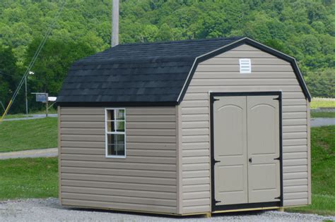 Beige Color Vinyl Sided Storage Shed With Black Shingle Roof Barn Storage Vinyl Storage Built