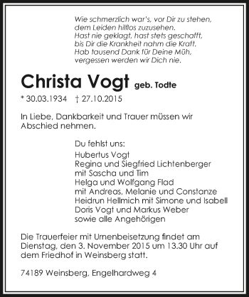 Traueranzeigen Von Christa Vogt Trauerundgedenken De