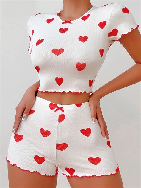 Heart Print Lettuce Trim Bow Front Pj Set Pajama Set Shein Usa