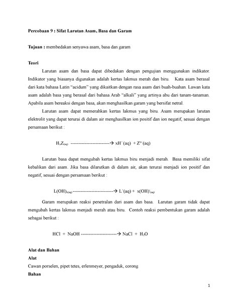 Praktikum Kimia Dasar Percobaan 9 Sifat Larutan Asam Basa Dan Garam