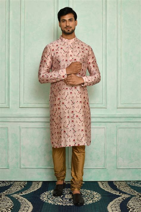 Buy Pink Chanderi Printed Floral Kurta Set For Men By Pranay Baidya