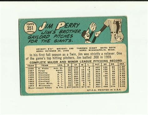 Topps Jim Perry Minnesota Twins Pitcher Baseball Card Mlb