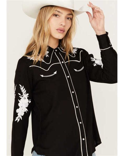 Scully Women S Floral Embroidered Long Sleeve Pearl Snap Western Shirt Black