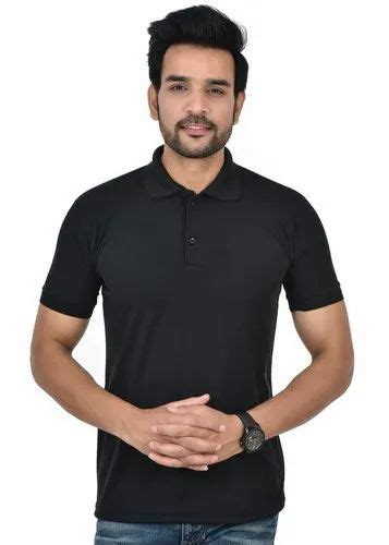 Half Sleeve Plain Men Black Collar Neck Cotton T Shirt Casual Wear