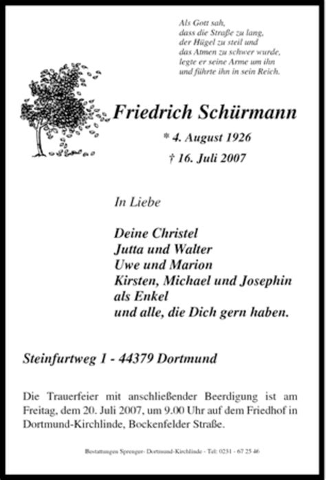 Traueranzeigen Von Friedrich Sch Rmann Trauer In Nrw De