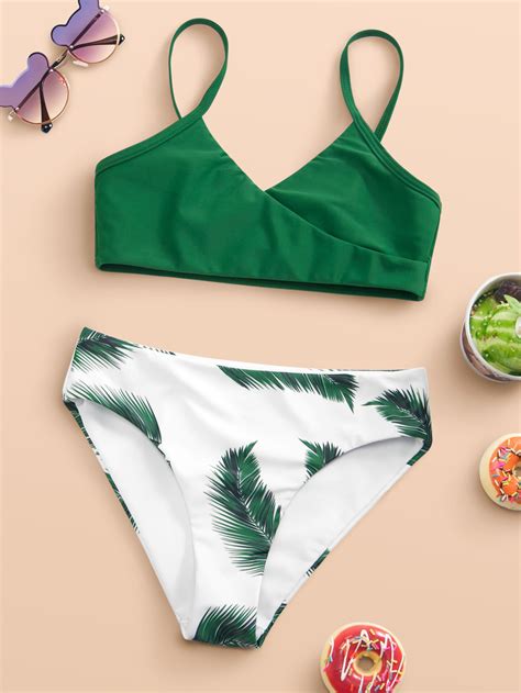 Girls Random Leaf Print Bikini Swimsuit