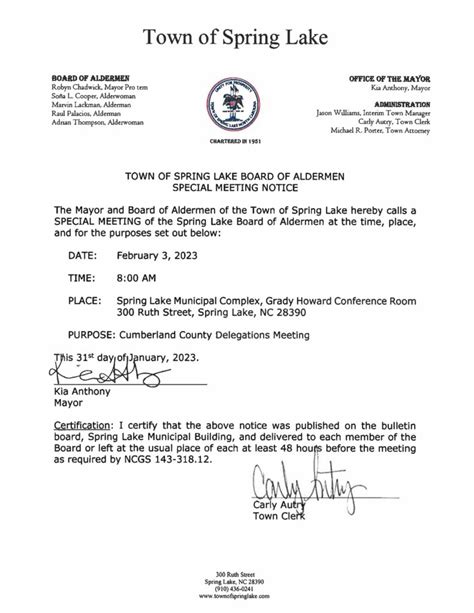 Spring Lake Board Of Aldermen Special Meeting Notice February