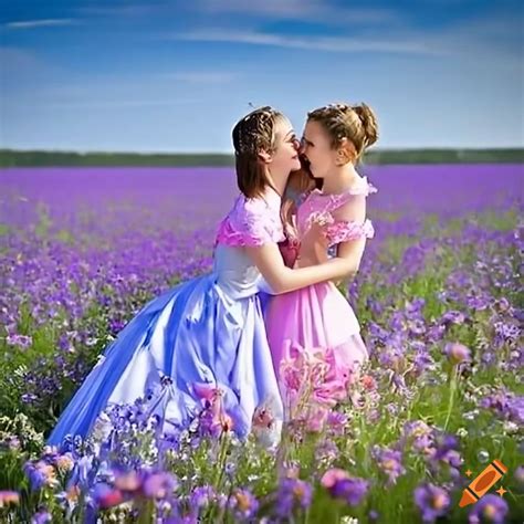 Embraced Princesses In A Flower Field One In Pink And One In Blue On