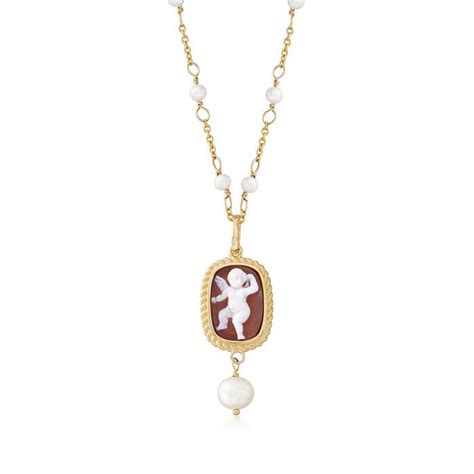 Italian Cultured Pearl Angel Shell Cameo Station Necklace In 18kt Gold