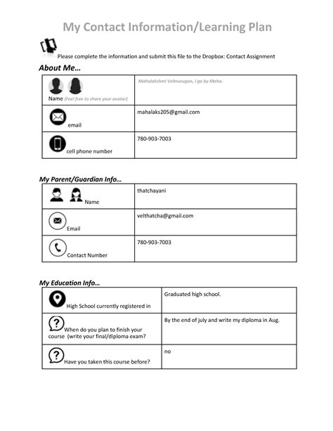 Contact Info Template - notes - My Contact Information/Learning Plan ...