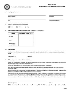 Fillable Online Hr Fsu Roth B Salary Reduction Agreement Hr Fsu