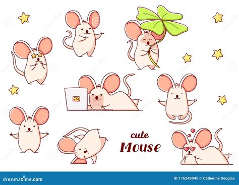 Set Cute Kawaii Hand Drawn Mouse Doodles Isolated On White Background