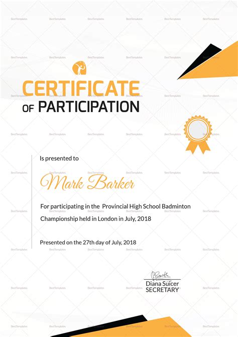 Badminton Participation Certificate Design Template In Word Psd Riset