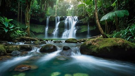 Download Tropical Waterfall, Crystal-Clear Pool, Lush Foliage. Royalty ...