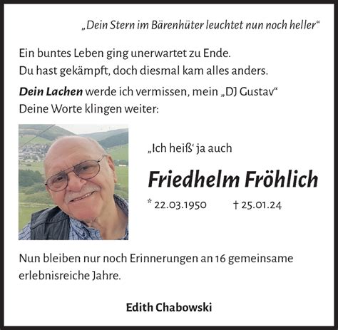 Traueranzeigen von Friedhelm Fröhlich trauer anzeigen de