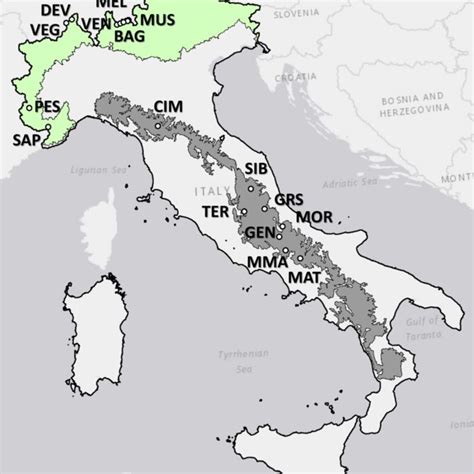 Location of the 16 landscapes (white circles) within the two Italian... | Download Scientific ...