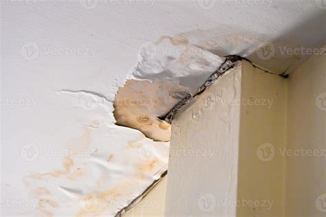 Water Damaged Ceiling Roof In An Old Abandoned House Stock