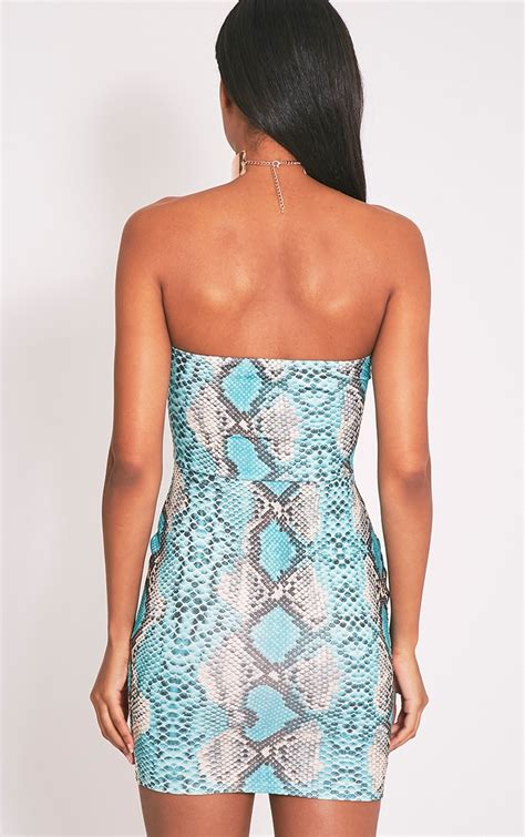 Kaddy Turquoise Snakeskin Bandeau Bodycon Dress Prettylittlething Ie