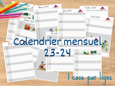 Calendrier Mensuel 2023 2024 1 Case Par Ligne Cartable D Une Maitresse